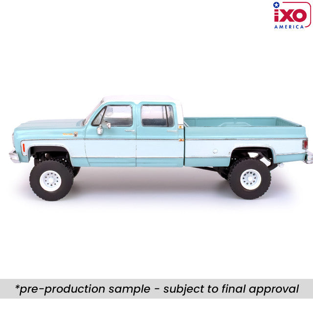 PRE-ORDER 1978 Chevrolet Silverado K30 Crew Cab Fleetside Lifted - Light Blue and Frost White Diecast 1:64 Scale Model - IXO America IA64007