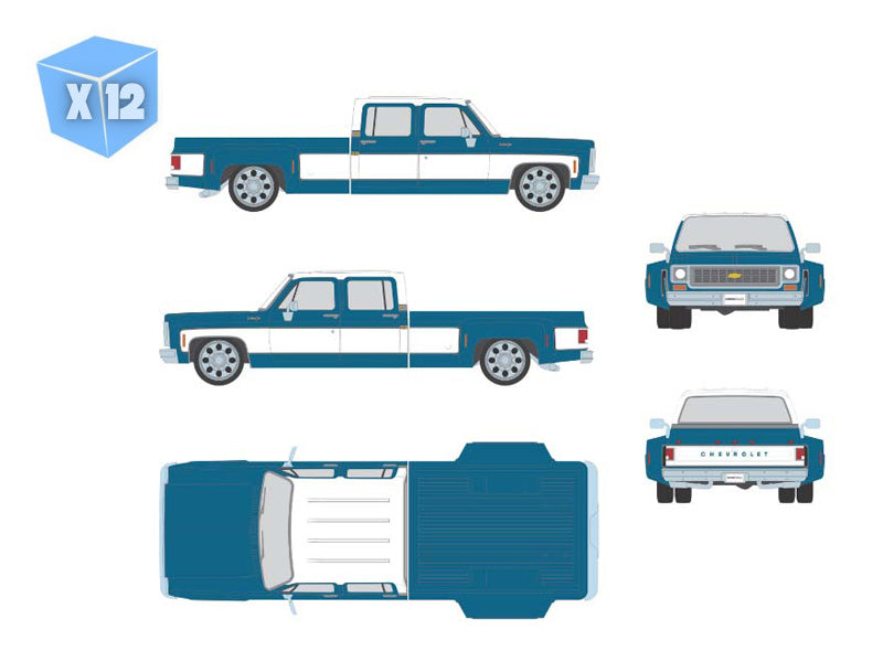 PRE-ORDER - 12 PACK 1974 Chevrolet Custom C30 Crew Cab Dually Lowered Deluxe Two-Tone Catalina Blue Metallic & Frost White Diecast 1:64 Scale Model - Karson Diecast IAPR1022