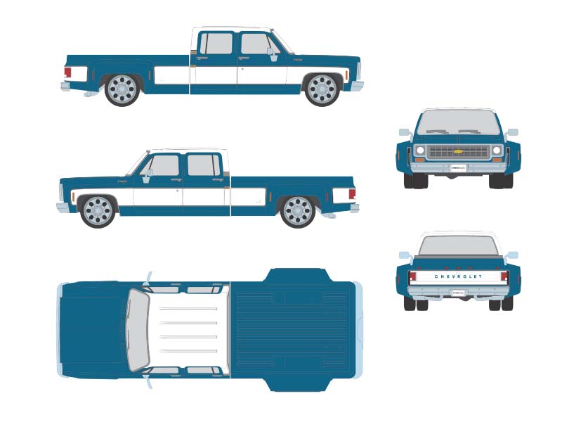PRE-ORDER 1974 Chevrolet Custom C30 Crew Cab Dually Lowered Deluxe Two-Tone Catalina Blue Metallic & Frost White Diecast 1:64 Scale Model - Karson Diecast IAPR1022