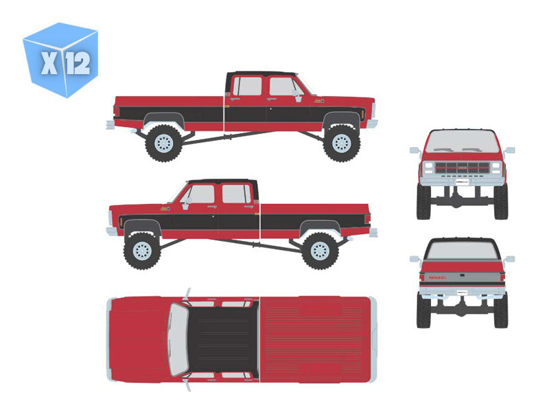 PRE-ORDER - 12 PACK 1980 GMC Sierra Classic K3500 Wideside Crew Cab Lifted Two-Tone Cardinal Red & Black Diecast 1:64 Scale Model - Karson Diecast IAPR1023