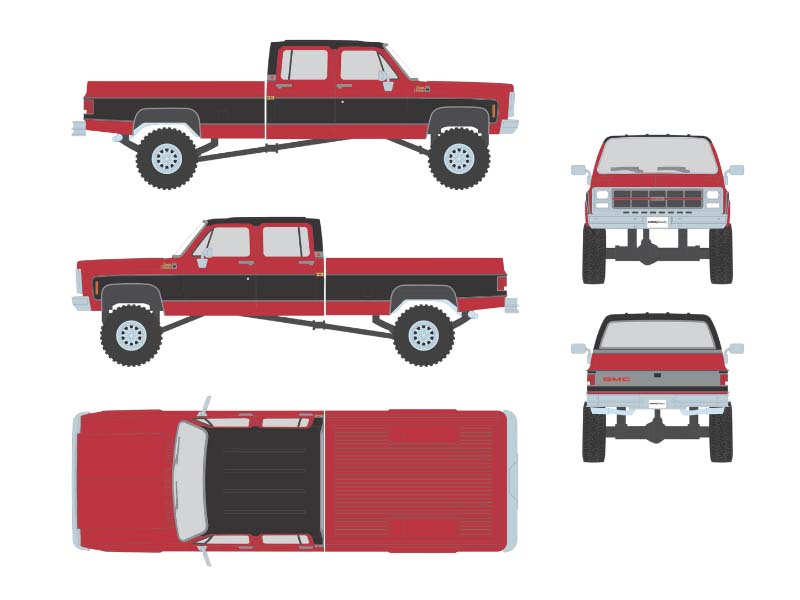 PRE-ORDER 1980 GMC Sierra Classic K3500 Wideside Crew Cab Lifted Two-Tone Cardinal Red & Black Diecast 1:64 Scale Model - Karson Diecast IAPR1023
