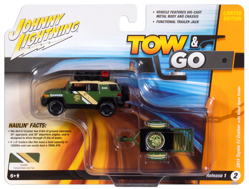 CHASE 2014 Toyota FJ Cruiser w/ Small Open Trailer (Tow and Go) Diecast 1:64 Scale Model - Johnny Lightning JLBT022