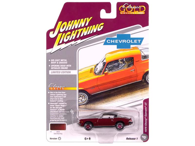 1975 Chevrolet Camaro - Dark Red Poly w/ Flat Black Roof Diecast 1:64 Scale Model - Johnny Lightning JLCG033A
