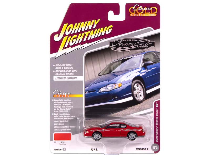 2000 Chevrolet Monte Carlo SS - Torch Red w/ Silver Checkered Flag Side Stripe Diecast 1:64 Scale Model - Johnny Lightning JLCG033A