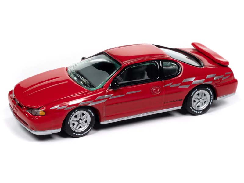 2000 Chevrolet Monte Carlo SS - Torch Red w/ Silver Checkered Flag Side Stripe Diecast 1:64 Scale Model - Johnny Lightning JLCG033A