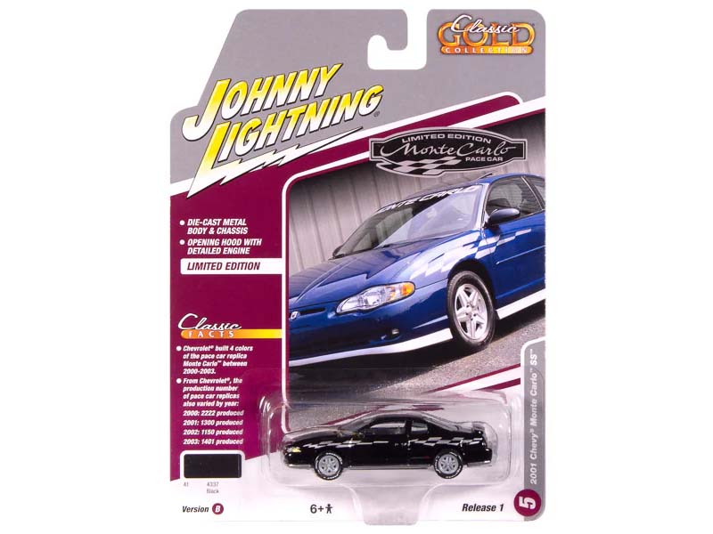 2001 Chevrolet Monte Carlo SS - Gloss Black w/ Silver Checkered Flag Side Stripe Diecast 1:64 Scale Model - Johnny Lightning JLCG033B