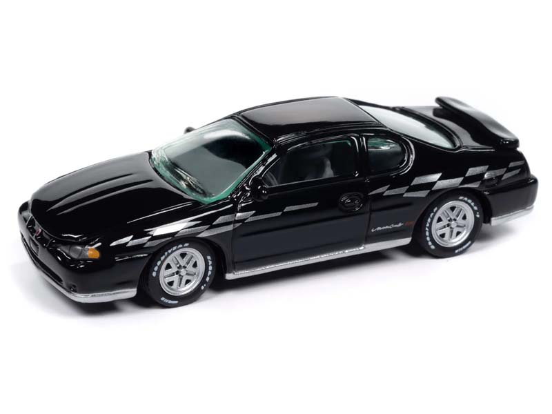 2001 Chevrolet Monte Carlo SS - Gloss Black w/ Silver Checkered Flag Side Stripe Diecast 1:64 Scale Model - Johnny Lightning JLCG033B