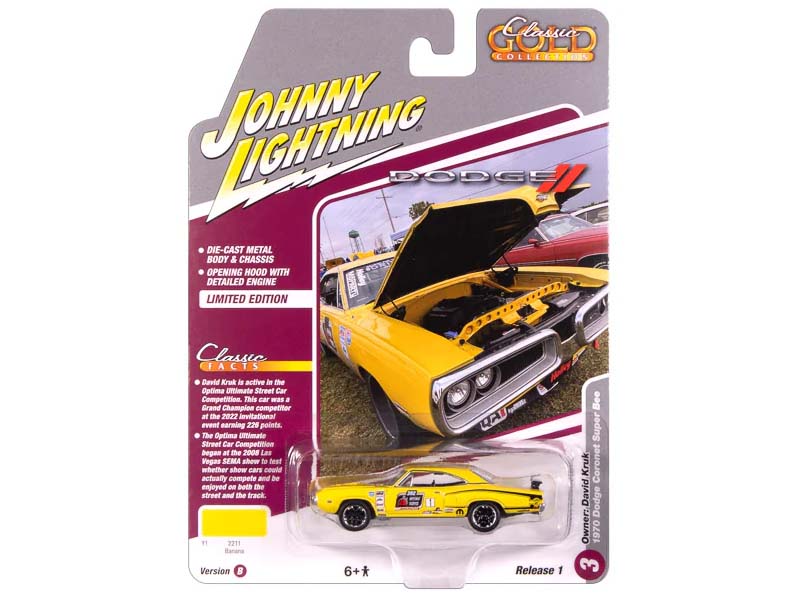 1970 Dodge Super Bee - Banana w/ Optima Ultimate Street Car Race Graphics Diecast 1:64 Scale Model - Johnny Lightning JLCG033B