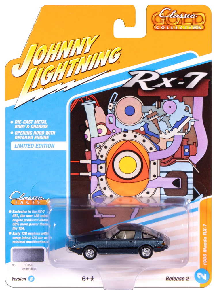 1985 Mazda RX-7 V3 Tender Blue (Classic Gold) Diecast 1:64 Scale Model - Johnny Lightning JLCG037