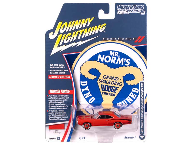 1970 Dodge Coronet Super Bee - Hemi Orange w/ Black Stripes Diecast 1:64 Scale Model - Johnny Lightning JLMC034A