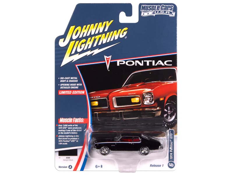 1974 Pontiac GTO - Gloss Black w/ GTO RWB Stripes Diecast 1:64 Scale Model - Johnny Lightning JLMC034A