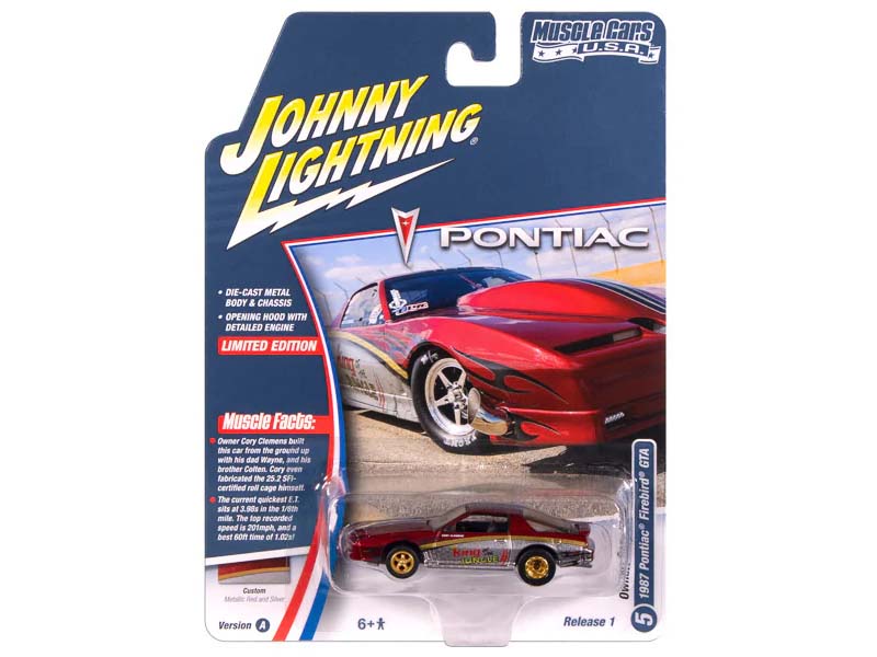 1987 Pontiac Firebird GTA - Metallic Red w/ Silver and Gold Diecast 1:64 Scale Model - Johnny Lightning JLMC034A