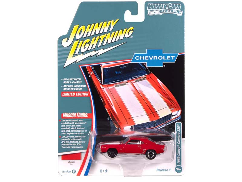 1969 Chevrolet Camaro Z28 Red w/ White Stripes Diecast 1:64 Scale Model - Johnny Lightning JLMC034B