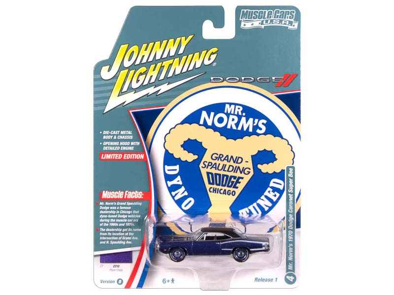 1970 Dodge Coronet Super Bee - Plum Crazy w/ Flat Black Roof and White Stripes Diecast 1:64 Scale Model - Johnny Lightning JLMC034B