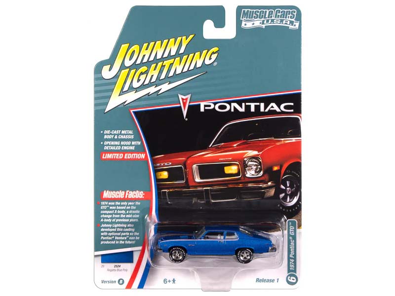 1974 Pontiac GTO Regatta Blue Poly w/ RWB Stripes Diecast 1:64 Scale Model - Johnny Lightning JLMC034B