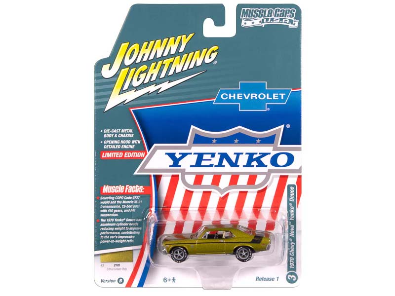 1970 Chevrolet Nova Yenko Deuce - Citrus Green Poly w/ Black Stripes Diecast 1:64 Scale Model - Johnny Lightning JLMC034B