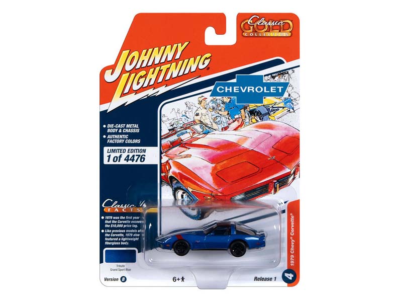 1979 Chevrolet Corvette – Blue White Stripe (Classic Gold 2023 Release 1 Version B) Diecast 1:64 Scale Model - Johnny Lightning JLSP324B