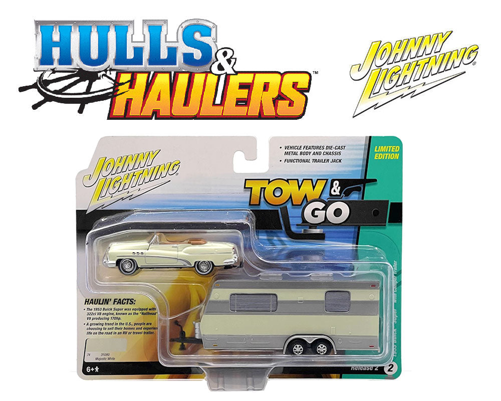 1953 Buick Super w/ Travel Trailer – Cream (Hulls & Haulers) Diecast 1:64 Scale Model - Johnny Lightning JLSP400