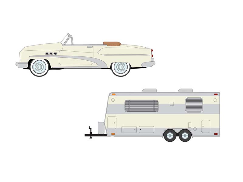 1953 Buick Super w/ Travel Trailer – Cream (Hulls & Haulers) Diecast 1:64 Scale Model - Johnny Lightning JLSP400