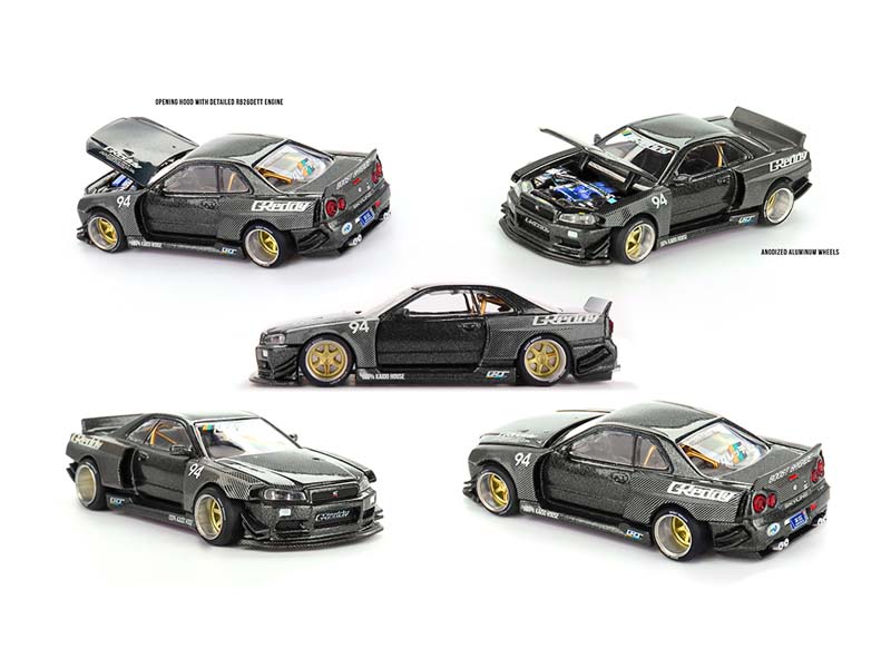 PRE-ORDER Nissan Skyline GT-R (R34) Kaido Works GReddy V2 – Black w/ Carbon (Kaido House x Mini GT) Diecast 1:64 Scale Model - TSM KHMG222