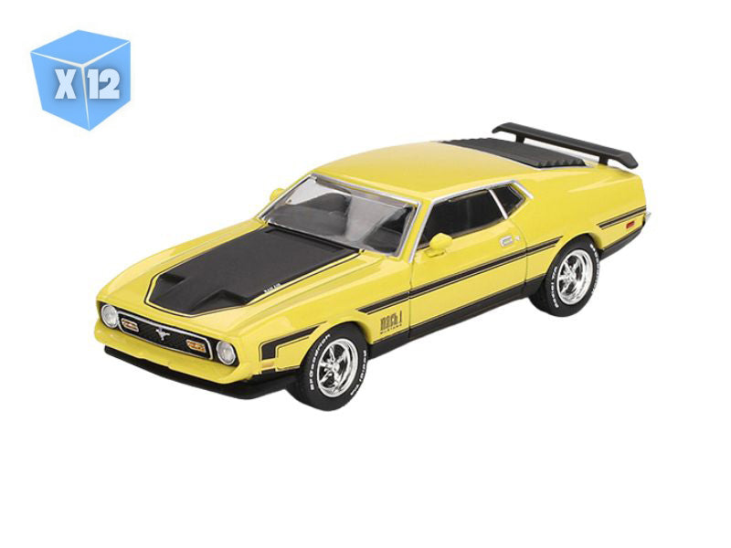 PRE-ORDER - 12 PACK Ford Mustang Mach 1 – Grabber Yellow (Mini GT) Diecast 1:64 Scale Model - TSM MGT01139
