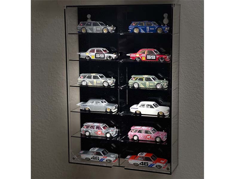 12-Car Display Case Wall Mount Plastic Black Back Version w/ Cover (8.5″ x 2.64″ x 12.8″) Fits Diecast 1:64 Scale Models - MJ08012BK