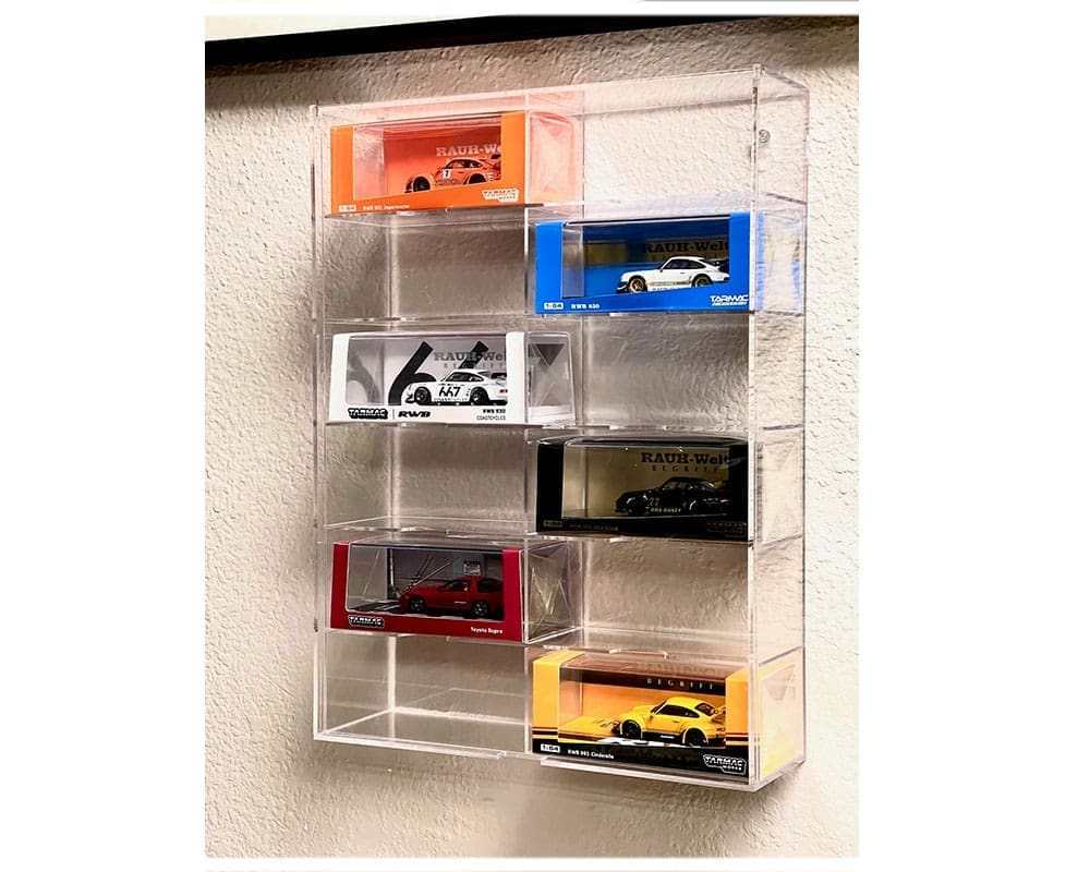 12-Car Display Case Wall Mount Plastic Clear Version w/ Cover (10.03″ x 3.03″ x 13.62″) Diecast 1:64 Scale Models - MiJo MJ10012
