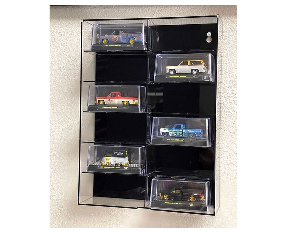 12-Car Display Case Wall Mount Plastic Black Back Version w/ Cover (10.03″ x 3.03″ x 13.62″) Diecast 1:64 Scale Models - MiJo MJ10012BK