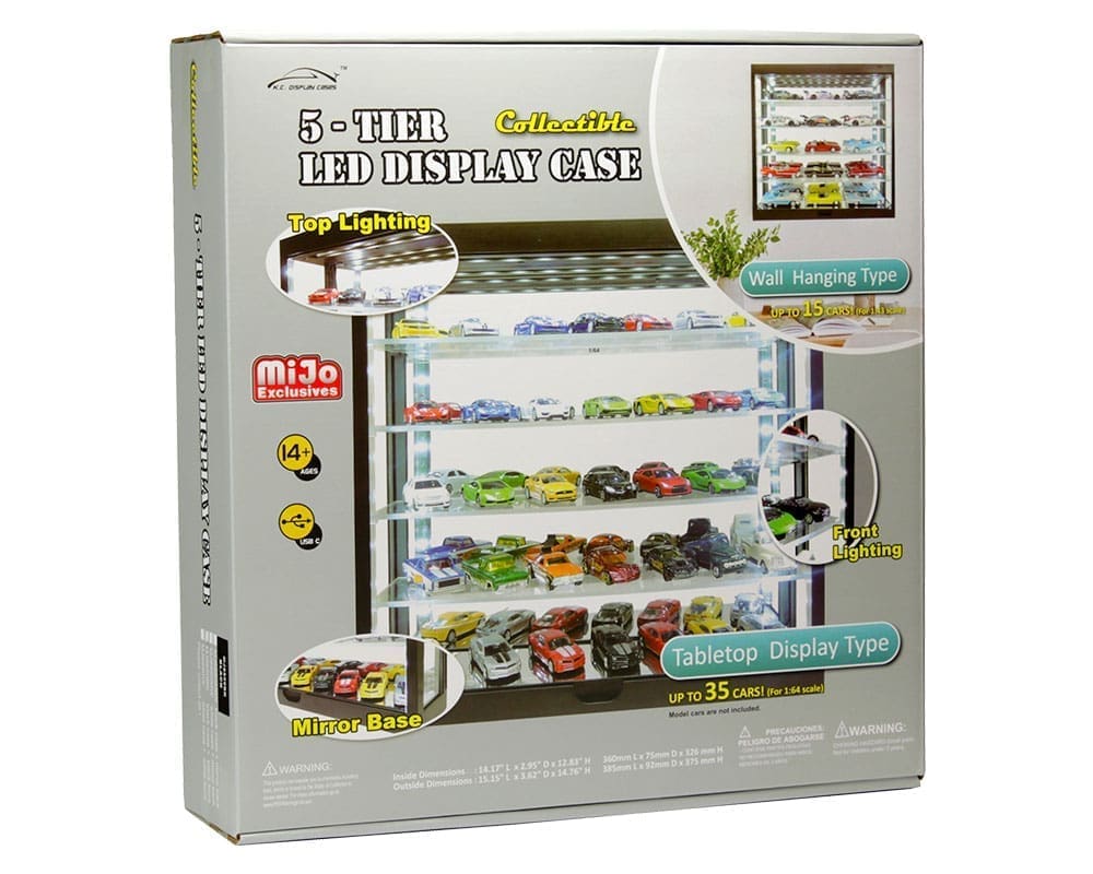 Showcase 5-Tier LED Wall Mountable Display Case – White Case w/ White Rear Panel for Diecast Scale Model - MiJo MJ8850W