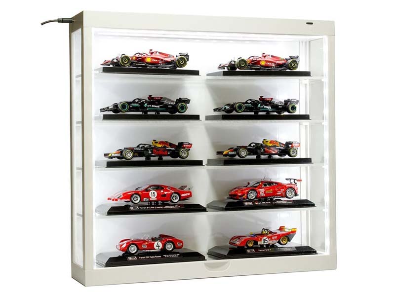 Showcase 5-Tier LED Wall Mountable Display Case – White Case w/ White Rear Panel for Diecast Scale Model - MiJo MJ8850W