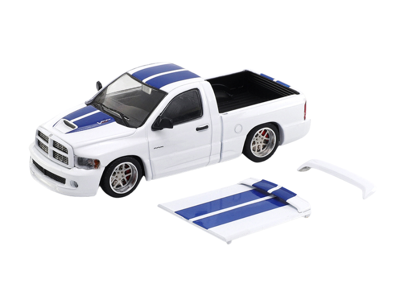 PRE-ORDER 2003 Dodge Ram SRT-10 Pickup – White w/ Blue Racing Stripes (SHOOM 64) Diecast 1:64 Scale Model - GCD SHOOM-103-005