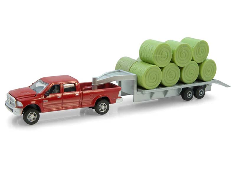 Dodge RAM Pickup Truck w/ Gooseneck Trailer & Bales Diecast 1:64 Scale Model - ERTL ZFN14855