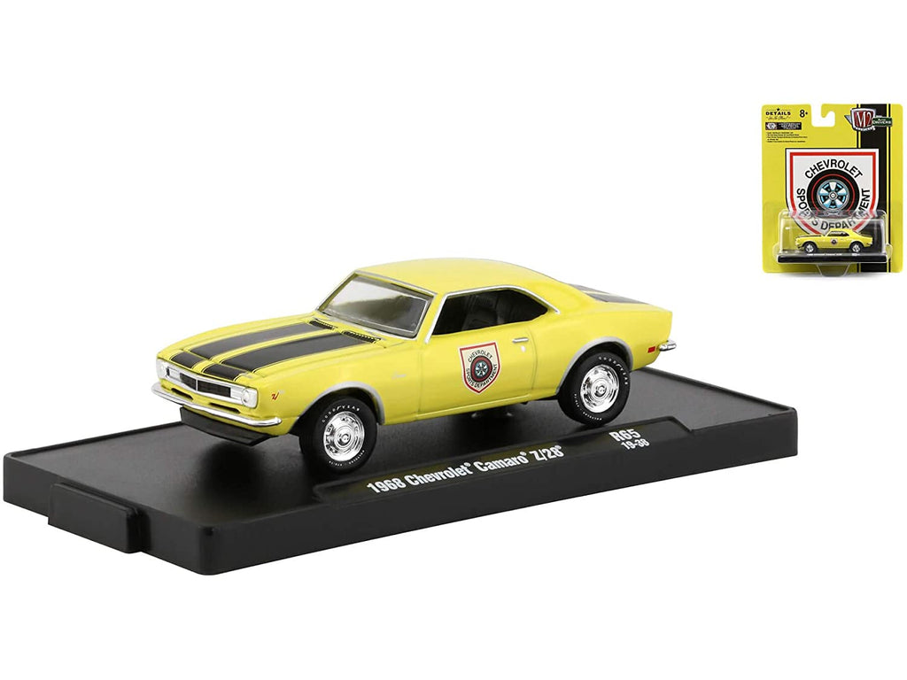 1969 Chevrolet Camaro Z/28 Butternut Yellow with Black Stripes "Chevrolet Sports Department" "Drivers" Series in Blister Pack Release 65 Diecast 1:64 Model Cars - M2 Machines 11228-65