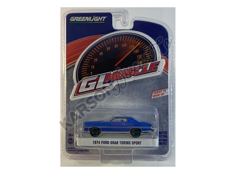 CHASE 1974 Ford Gran Torino Sport 2-Door Hardtop - Medium Blue Metallic (GreenLight Muscle) Series 26 Diecast 1:64 Scale Model - Greenlight 13310B