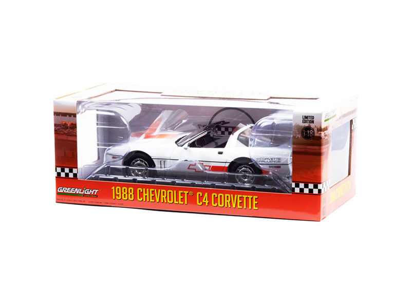 1988 Chevrolet Corvette C4 White w/ Black Top and Orange Stripes Corvette Challenge Race Car 1:18 Scale Diecast Model Car - Greenlight 13596