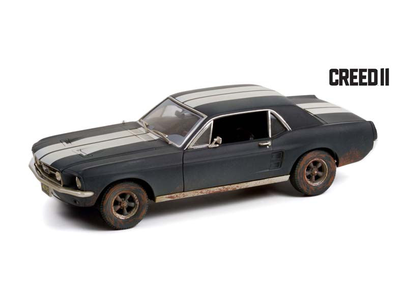 1967 Ford Mustang Coupe - Matte Black w/ White Stripes Weathered "Creed II" Diecast 1:18 Scale Model Car - Greenlight 13626