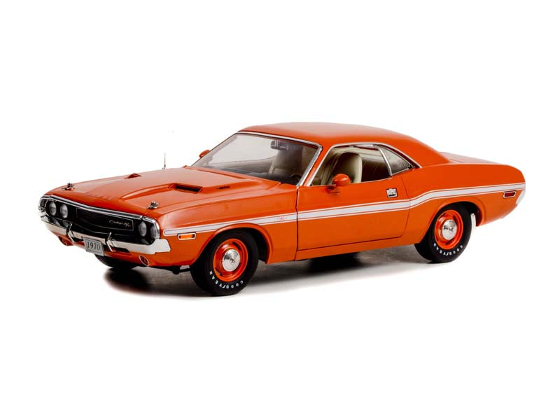 1970 Dodge Challenger R/T - Go Mango w/ White Stripes and Dog Dish Wheels Diecast 1:18 Scale Model Car - Greenlight 13630