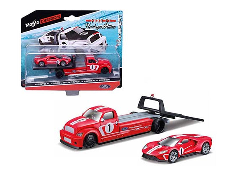 2018 Ford GT #1 Heritage Edition with Flatbed Truck Red with White Stripes "Elite Transport" Series 1:64 Diecast Model Cars - Maisto 15108-21C