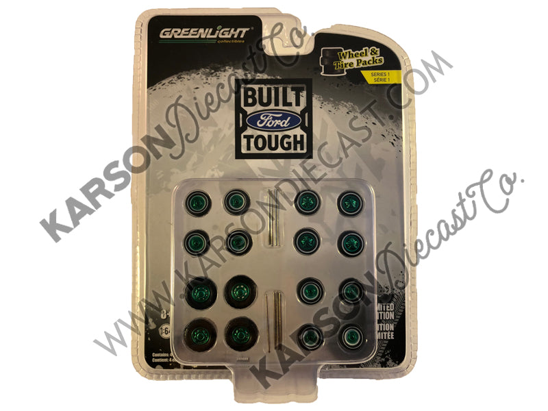 CHASE "Built Ford Tough" Wheel & Tire Multipack Set of 24 pieces "Wheel & Tire Packs" Series 1 1:64 by Greenlight - 16010 - CHASE GREEN MACHINE