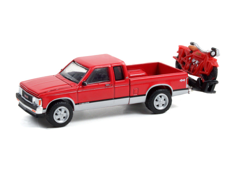 1991 GMC Sonoma Extended Cab with 1920 Indian Scout on Hitch Carrier "Anniversary Series 13" Diecast 1:64 Model - Greenlight 28080C