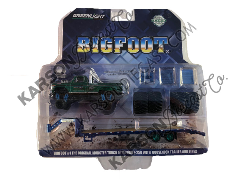 CHASE 1974 Ford F-250 Monster Truck "Bigfoot #1" w/ Gooseneck Trailer - Regular and 66" Tires "Hobby Exclusive" 1:64 Diecast Model - Greenlight 30054