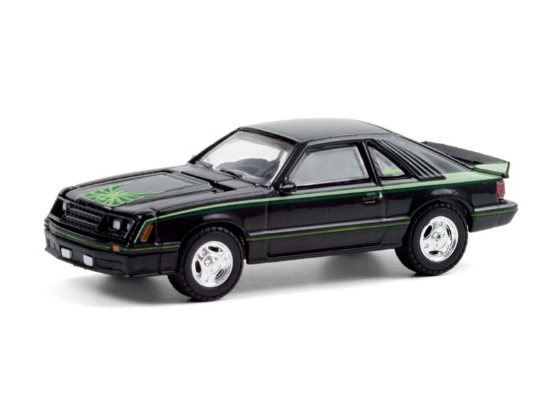 1980 Ford Mustang Cobra - Black w/ Green Cobra Hood Graphics and Stripe Treatment (Hobby Exclusive) Diecast 1:64 Model Car - Greenlight 30228