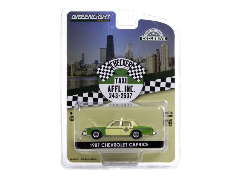 1987 Chevrolet Caprice Yellow and Green - Chicago Checker Taxi Affl Inc. (Hobby Exclusive) Diecast 1:64 Model Car - Greenlight 30233