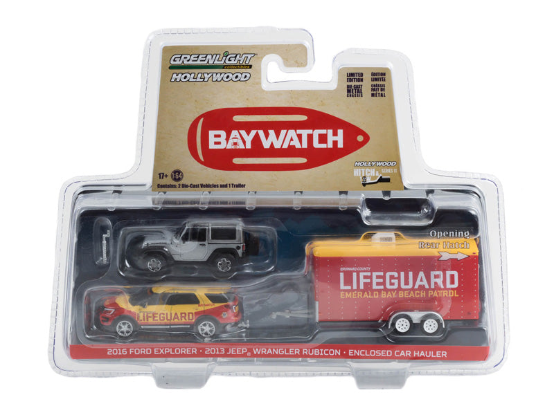 2016 Ford Explorer Lifeguard w/ 2013 Jeep Wrangler & Car Hauler Baywatch (Hollywood Hitch & Tow) Series 11 Diecast 1:64 Model - Greenlight 31150B