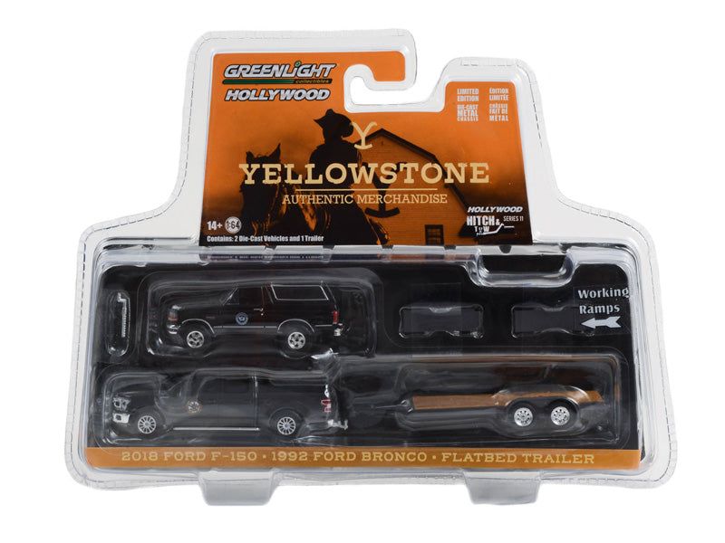 2018 Ford F-150 Montana Livestock Assoc. w/ 1992 Ford Bronco - Yellowstone (Hollywood Hitch & Tow) Series 11 Diecast 1:64 Model - Greenlight 31150C