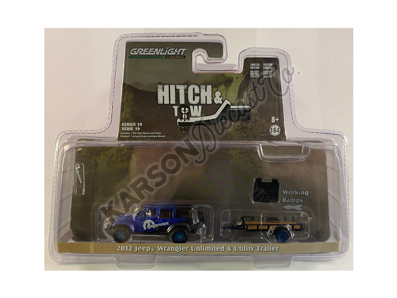 CHASE 2012 Jeep Wrangler Unlimited "MOPAR" Off-Road Edition w/ Utility Trailer "Hitch & Tow" Series 19 Diecast 1:64 Model - Greenlight 32190B