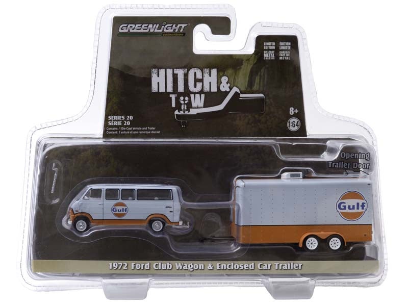 1972 Ford Club Wagon Gulf Oil w/ Enclosed Car Hauler (Hitch & Tow) Series 20 Diecast 1:64 Scale Model - Greenlight 32200B