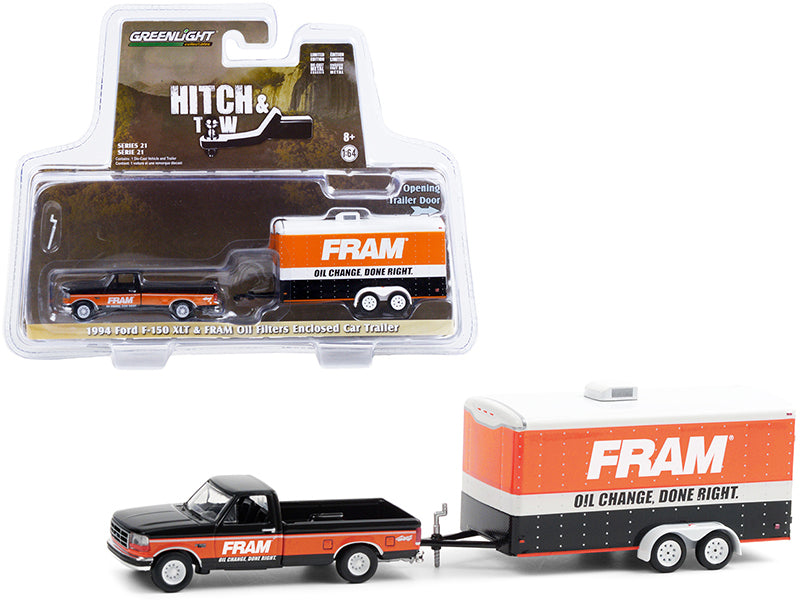 1994 Ford F-150 XLT Pickup Truck Black & Orange w/ Car Hauler "FRAM Oil Filters" Hitch & Tow Series 21 Diecast 1:64 Model - Greenlight 32210B