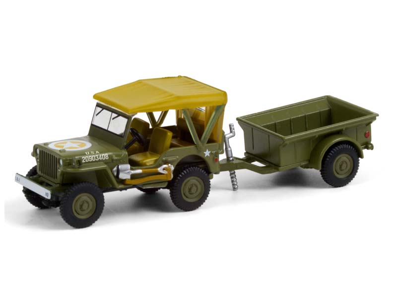 1943 Willys MB Jeep w/ M5 Liquid Vesicant Detector Invasion Star and Cargo Trailer (Hitch & Tow) Series 22 Diecast 1:64 Model - Greenlight 32220A