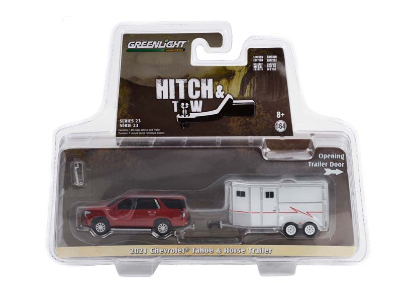 2021 Chevrolet Tahoe in Cherry Red Tintcoat w/ Horse Trailer (Hitch & Tow) Series 23 Diecast 1:64 Model - Greenlight 32230C